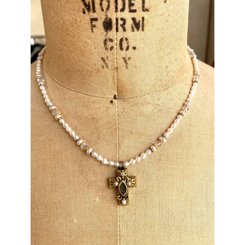 Michal Golan 24K Gold Plate Freshwater Pearl & Crystal Cross Necklace Signed